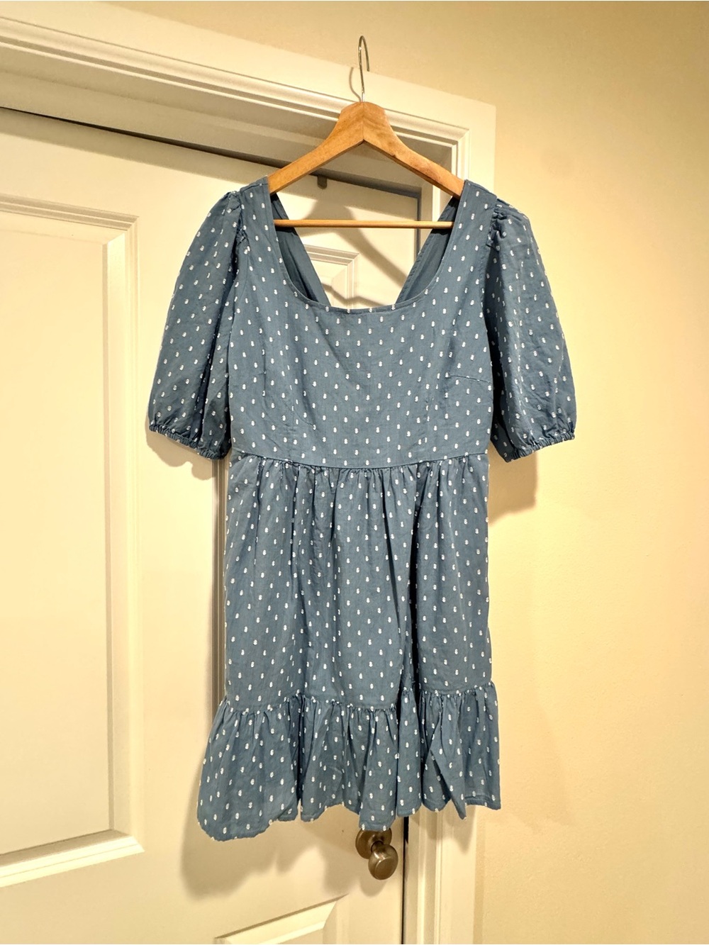 LOFT Blue Puff-Sleeve Polka Dot Dress